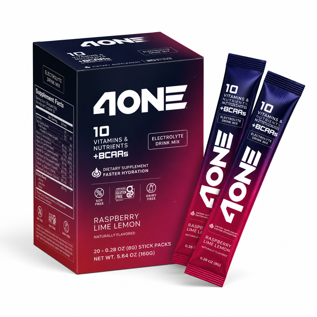 4ONE Electrolyte Drink Mix with BCAAs – Raspberry Lemon Lime – 20 Stick Packs
