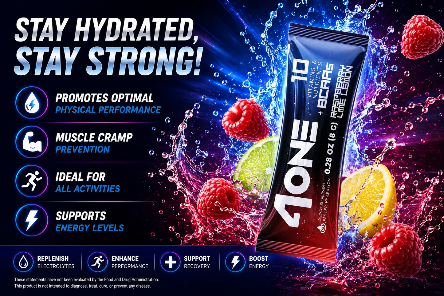 4ONE Electrolyte Drink Mix with BCAAs – Raspberry Lemon Lime – 20 Stick Packs