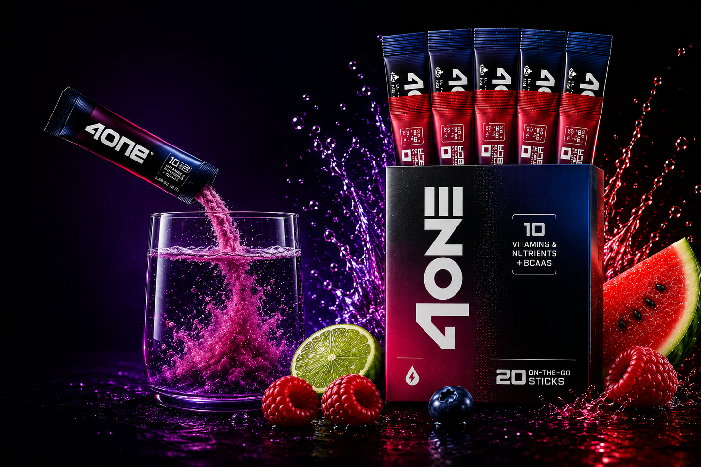 4ONE Electrolyte Drink Mix with BCAAs – Raspberry Lemon Lime – 20 Stick Packs