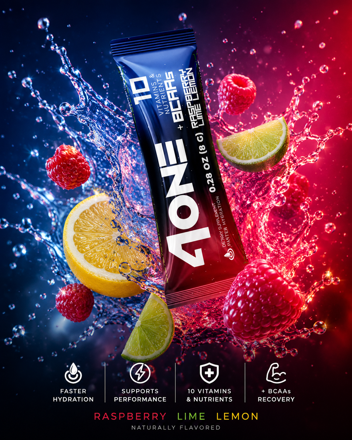 4ONE Electrolyte Drink Mix with BCAAs – Raspberry Lemon Lime – 20 Stick Packs