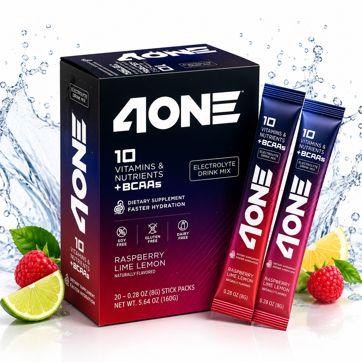 4ONE Electrolyte Drink Mix with BCAAs – Raspberry Lemon Lime – 20 Stick Packs