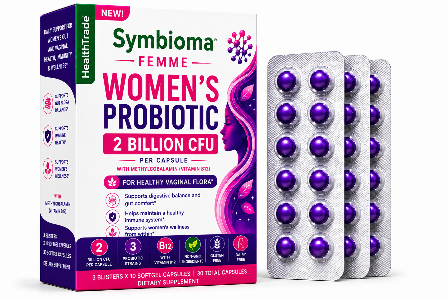 Symbioma Femme – Women’s Probiotic Softgels with Vitamin B12 | 2 Billion CFU