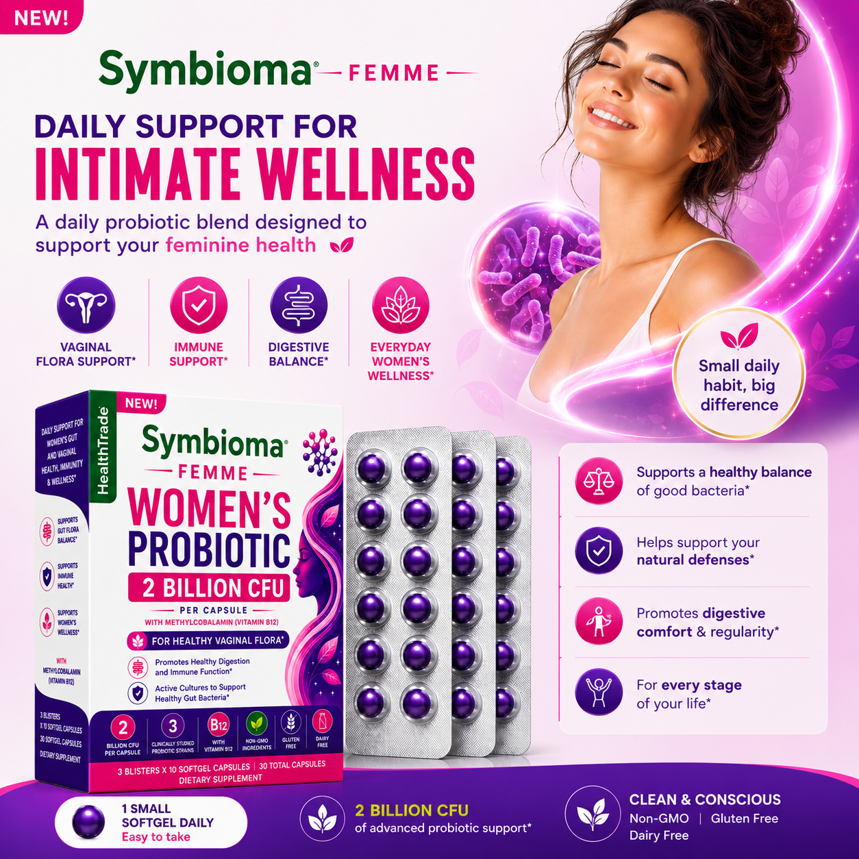 Symbioma Femme – Women’s Probiotic Softgels with Vitamin B12 | 2 Billion CFU